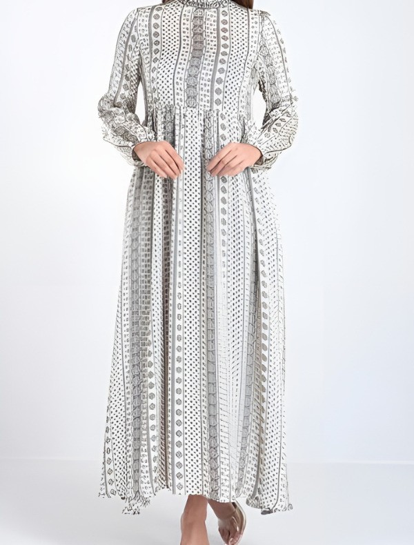 Long-Sleeved White Frock-Style Long Dress