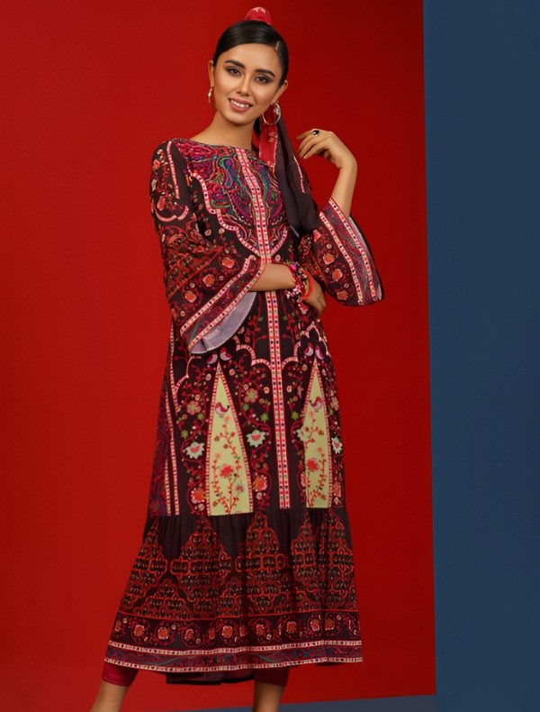Long-Sleeved Kurti-Style Print Long Dress