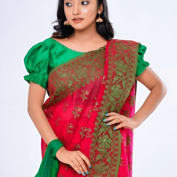 Elegant Red and Green Jamdani Saree – Traditional Craftsmanship and Modern Style