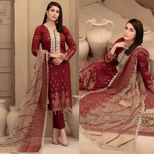 Radiant Red Georgette Pakistani Salwar Kameez – Excellent Chest Yarn Work and Elegance
