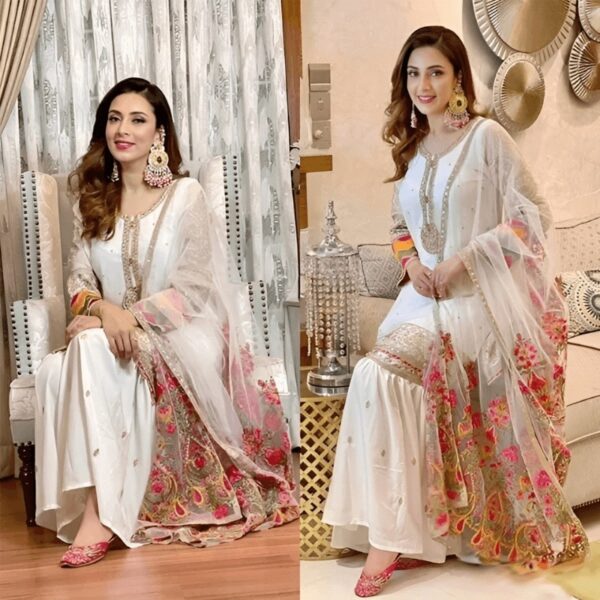 Elegant White Georgette Pakistani Salwar Kameez – Beautiful Chest and Neck Thread Work