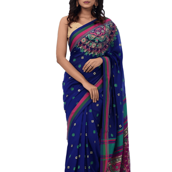 Vibrant Multicolor Block Print on Blue Cotton Saree – Artistry and Comfort
